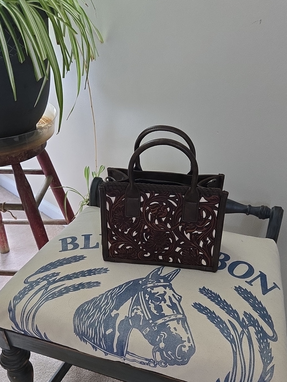 Carved Floral Leather Satchel in Dark Brown